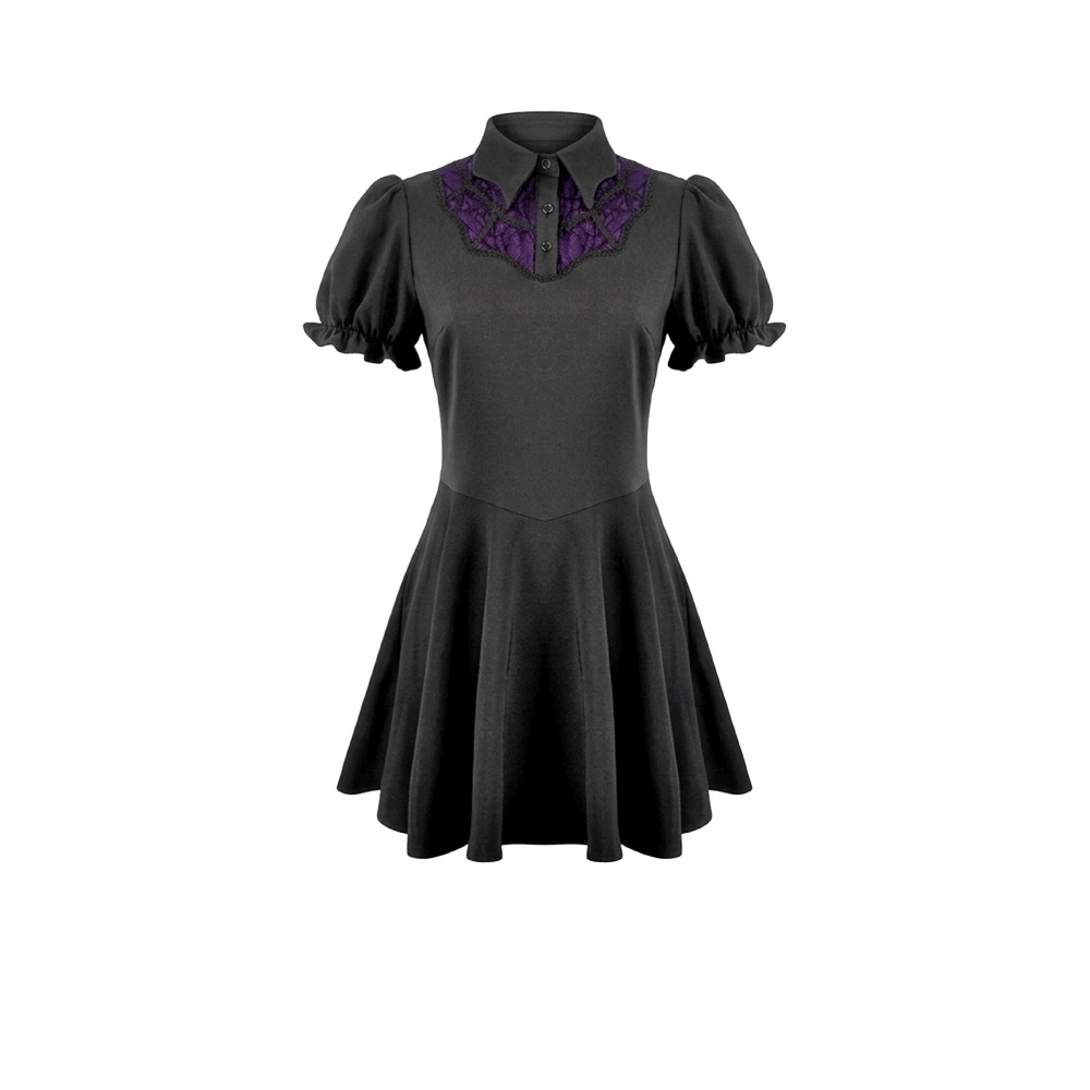 Dark in Love - Dark Academic Mesh Lace Patchwork Collar Puff Sleeve Short dress - Black/Purple